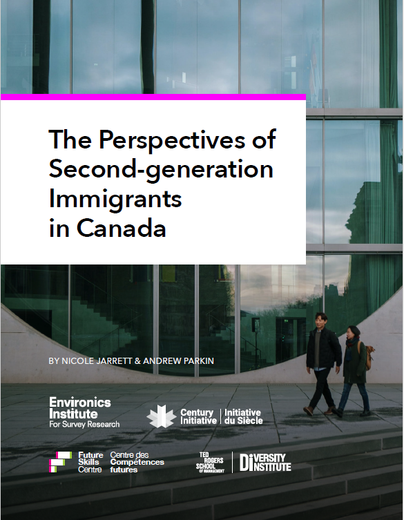 The cover of a report with the title on a white square with logos and a large picture of two diverse looking people walking in front of a building with a very large window that is reflecting a cityscape.